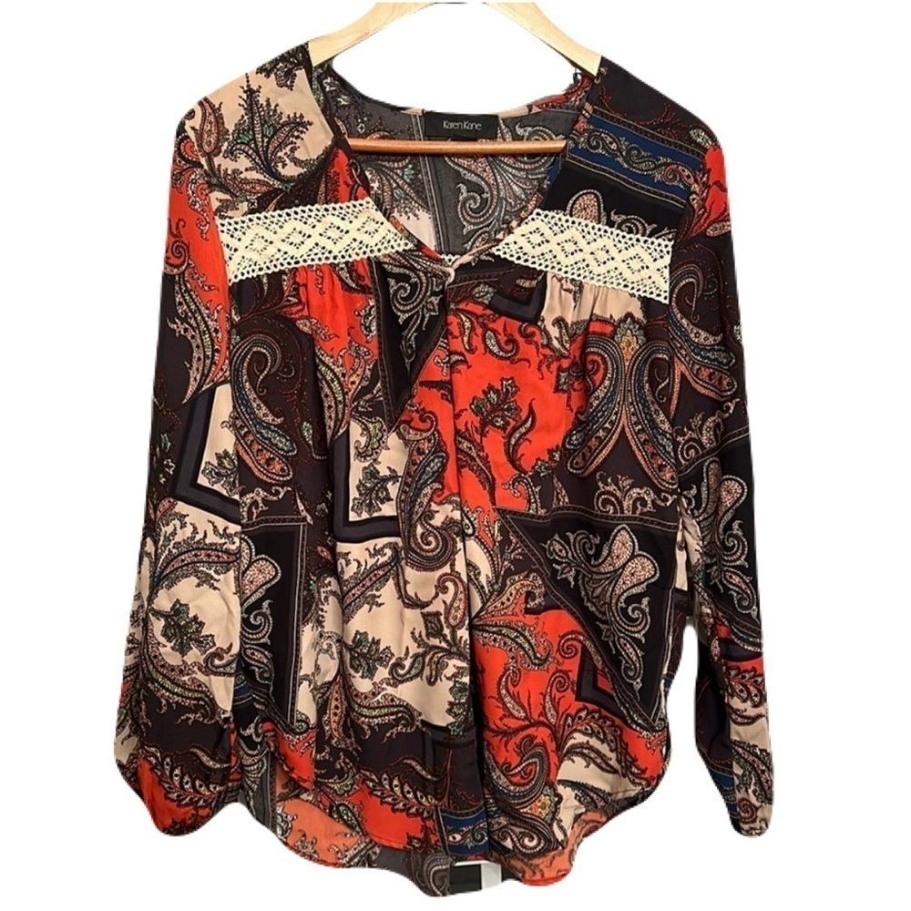 💰Karen Kane Blouse M Paisley Tunic Top Fairy Cottagecore Boho Puff Sleeve